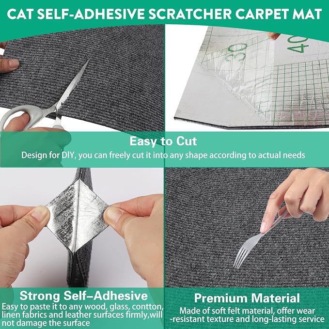 Trimmable Cat Scratcher Mat 2PCS, 78.7"x15.8" Self-Adhesive Scratching Carpet Pad Replacement for Cat Tree Shelves, Steps and Posts, DIY Scratch Couch Furniture Protector