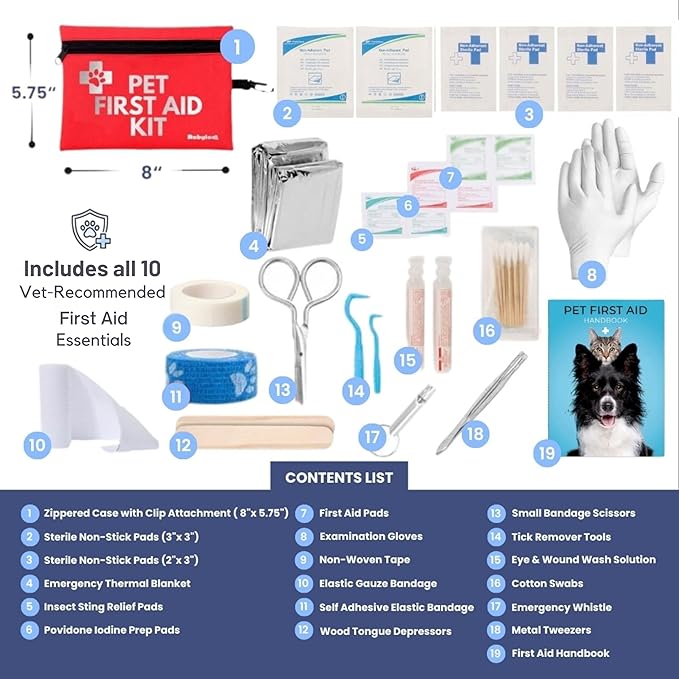 Rubyloo Vet Approved Travel Pet First Aid Kit Supplies to Treat Dogs & Cats in an Emergency with 12 Pack of 2 Funny Vet Wrap Bandages for Hiking, Camping & Backpacking