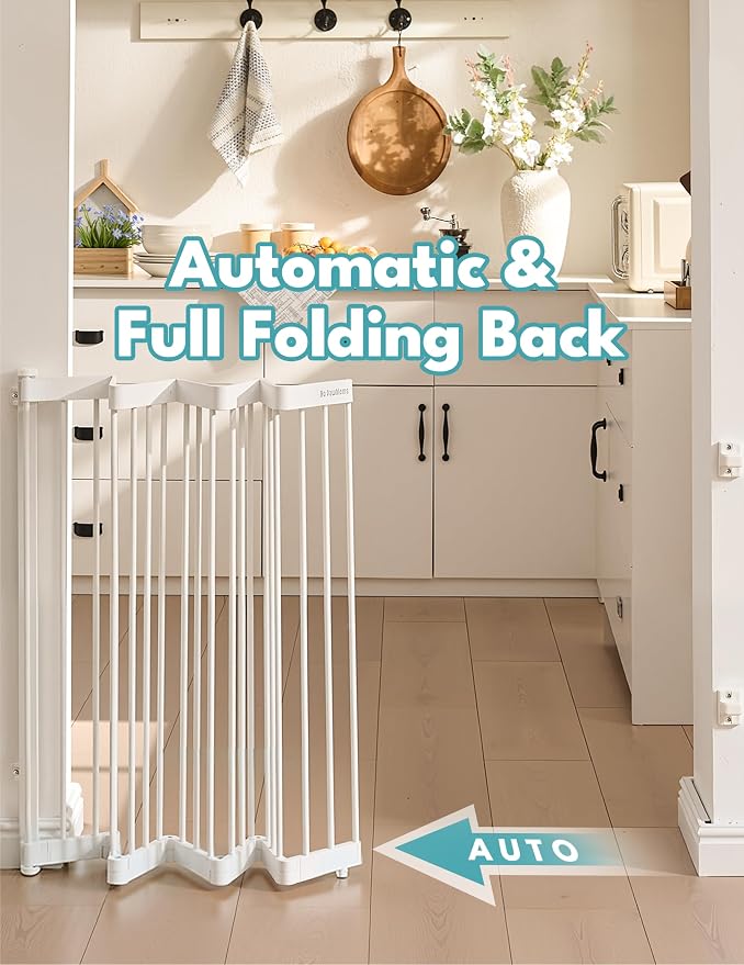 No Pawblems Retractable Safty Gate, Metal Adjustable Dog Gate for Doorways, Stairs & Hallways, Expands to 45" Wide, Auto Retract Design, No Bottom Bar, White