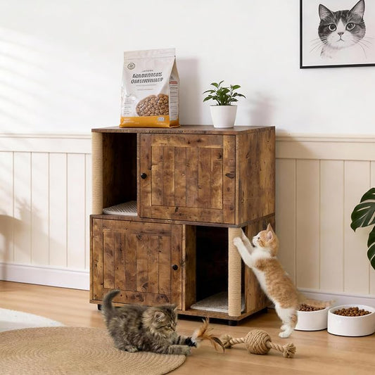 Cat Litter Box Enclosure, Two-Story Wooden Hidden Litter Box Furniture with Scratching Post, Multi-Level Cat Washroom Cabinet for 2 Cats, Reinforced Wood Frame & Ventilated Design for Small Apartment