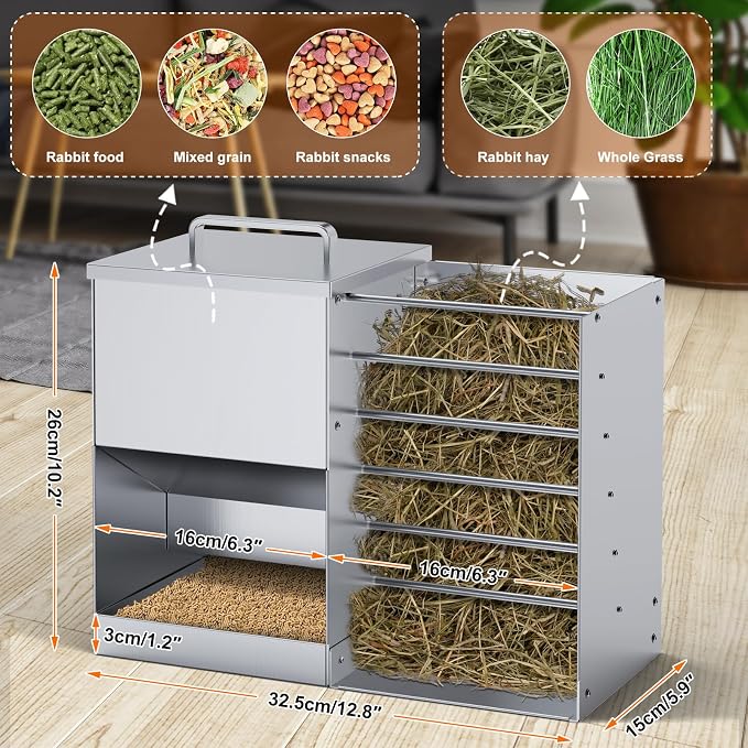 Automatic Rabbit Feeders for Cage Hay Feeder 4.5L Bunny Feeder Stainless Steel Rabbit Food Dispenser for Guinea Pig Squirrel Small Animals Trough