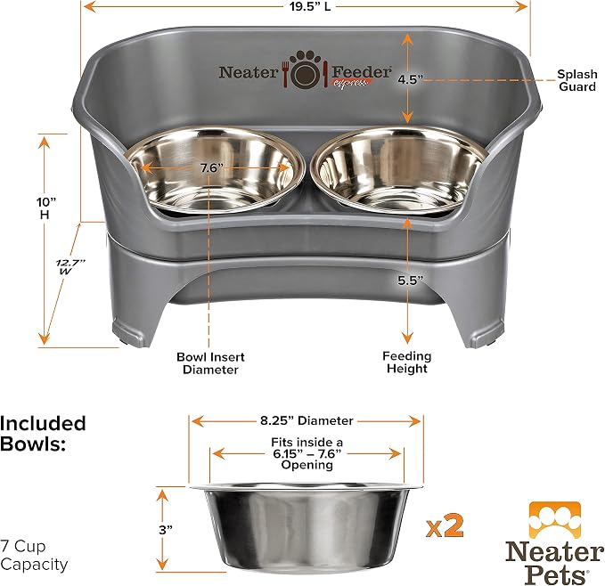 Neater Pets Neater Feeder Express Mess-Proof Slow Feed Bowl & Water Bowl with Neater Mat Waterproof Silicone Mat - Protect Floors from Food & Water, Gunmetal