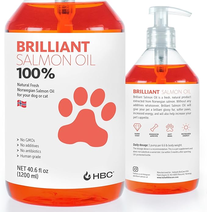 Brilliant Norwegian Salmon Oil for Dogs, Cats, Horse, Ferret - Pure Omega 3, 6 & 9 Fish Oil Food Treats Supplement for Natural Coat, Immune Support, Itchy Skin, Joint & Brain Health - 40 Oz