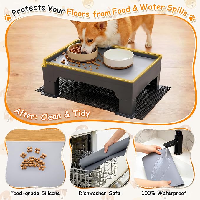 2 Set Adjustable Raised Dog Bowl Stand and 100% Waterproof & Non-Slip Mat, Elevated Dog Bowl Stand for Small Medium Sized, Easy-Clean Silicone Pet Food Mat- Neck Strain Relief & Protect Your Floors