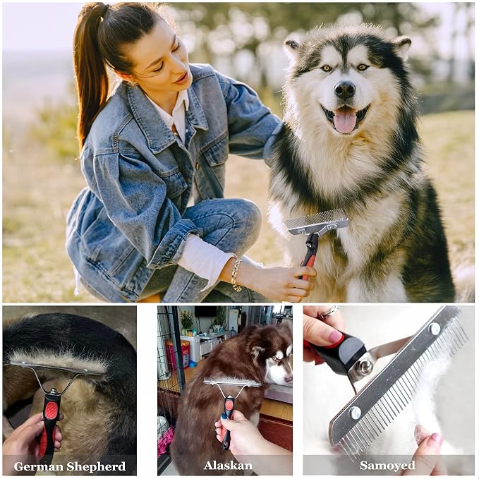 Undercoat Rake for Dogs, 3 Pack Extra-Large Rake Comb Set Long Tooth Undercoat Brush & Flea Comb, Long Hair Dog Combs for Grooming Shedding German Shepherd Horse Great Pyrenees