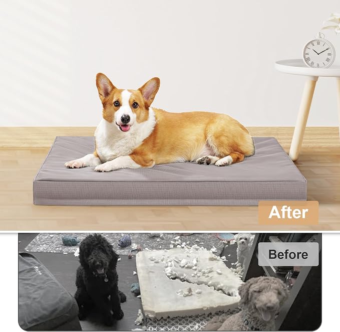 Indestructible Dog Beds for Large Dogs, Orthopedic Memory Foam Pet Bed with Oxford Fabric, Waterproof Outdoor Dog Bed for Kennel with Washable Cover and Non-Slip Bottom, 41''x27'', Grey