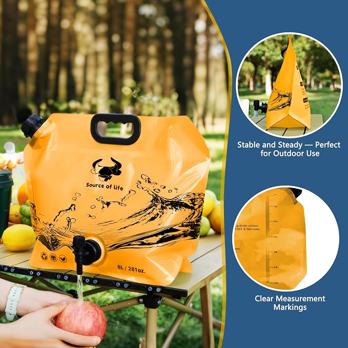 Water Jug Camping 2.1 Gallon Collapsible with Spigot, BPA Free Portable Water Pouch Foldable Water Bags for Outdoor Hiking, Travel and Emergency & Water Storage Containers (Orange-3Pcs)