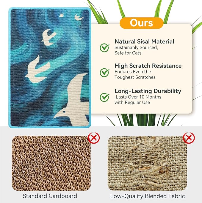 3-in-1 Sisal Cat Scratcher Mat 23.6x15.7'' Protects Carpet Couch & Furniture with Sticker Tape, Floor & Wall Cat Scratching Pad, Anti-Slip, Durable for Indoor Outdoor Cats (Blue Skyward)