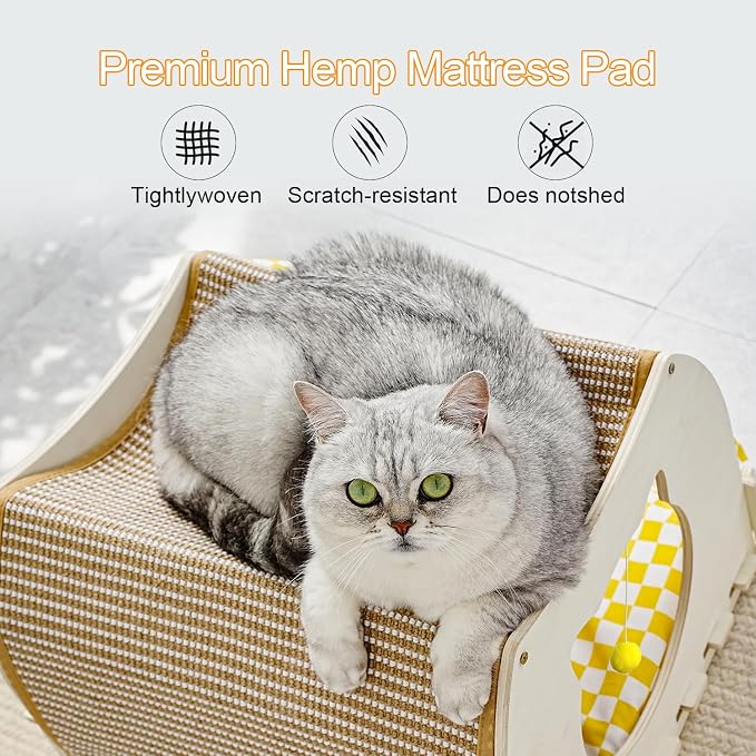 VARMTOR Cat House Indoor, Cat Cave, Modern Kitten Bed with Scratch Pad and Fluffy Ball, Wooden Frame with Cushion and Curtains (M, Double-Layer)