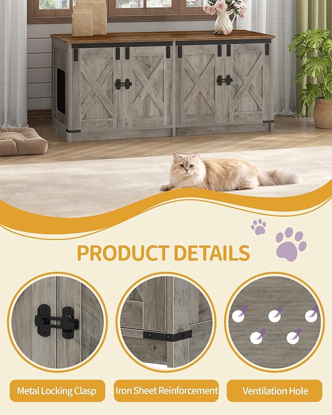 Hzuaneri Cat Litter Box Enclosure for 2 Cats, Hidden Litter Box Furniture Cabinet with Double Room, Indoor Cat House, Farmhouse Style, 46.7 x 18.9 x 21.1 Inches, Greige CB85305X