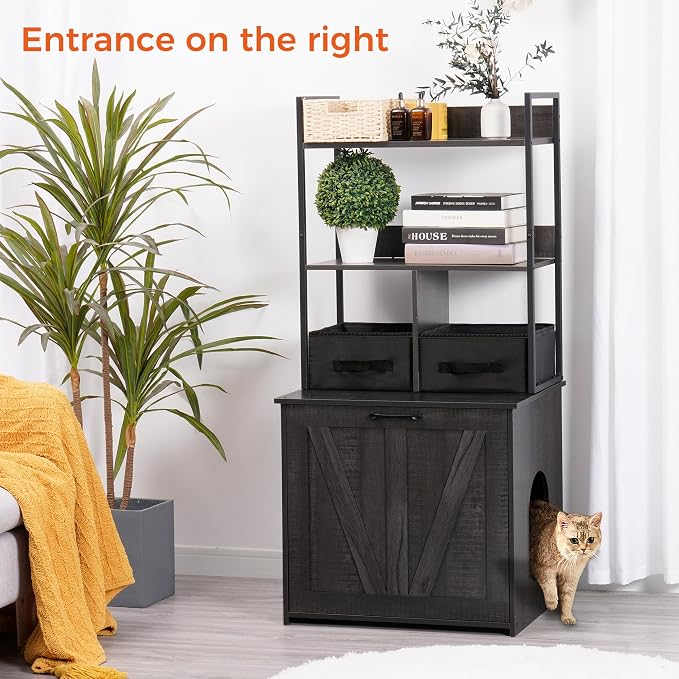Dwanton Litter Box Enclosure with 2 Storage Shelves and 2 Drawers, 2-in-1 Hidden Cat Litter Box Enclosure Furniture with Shelf, Reversible Entrance, Washable Drawers, 50-Inch, Dark Grey