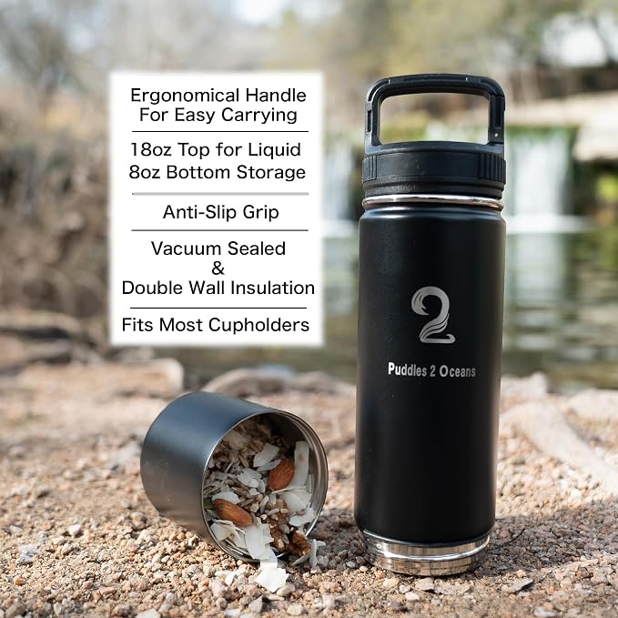 Insulated Water Bottle & Snack Container - Stainless Steel Water Bottle with Storage Compartment, 3 Lid Types BPA Free, Leak & Spill Proof Travel Bottle for Kids & Adults - Snack and Drink Cup