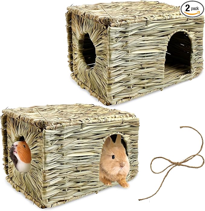 Tfwadmx 2 Pack Rabbit Grass House - Natural Hand Woven Seagrass Play Hay Bed, Collapsible Hideaway Hut Toy for Bunny Hamster Guinea Pig Chinchilla Ferret