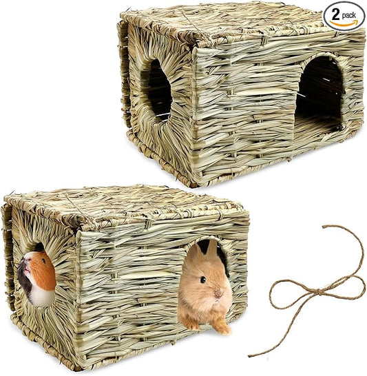 Tfwadmx 2 Pack Rabbit Grass House - Natural Hand Woven Seagrass Play Hay Bed, Collapsible Hideaway Hut Toy for Bunny Hamster Guinea Pig Chinchilla Ferret