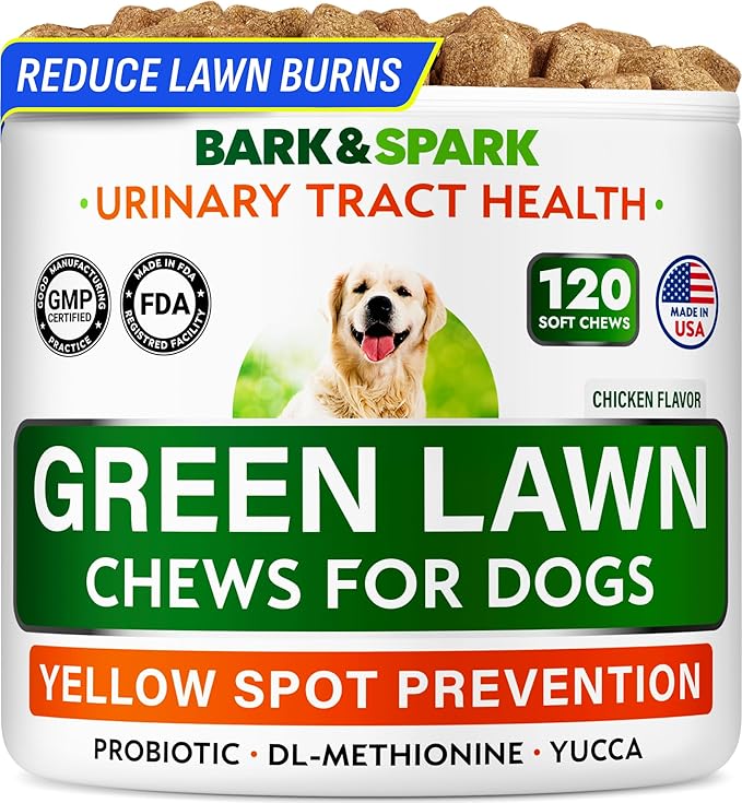 BARK&SPARK Green Grass Chews - Dog Pee Grass Spot Saver Caused by Dog Urine - Urine Neutralizer for Lawn, Gut Health Probiotics & Enzymes, Lawn Burn from Pee, Grass Burn Spot Chews Rocks