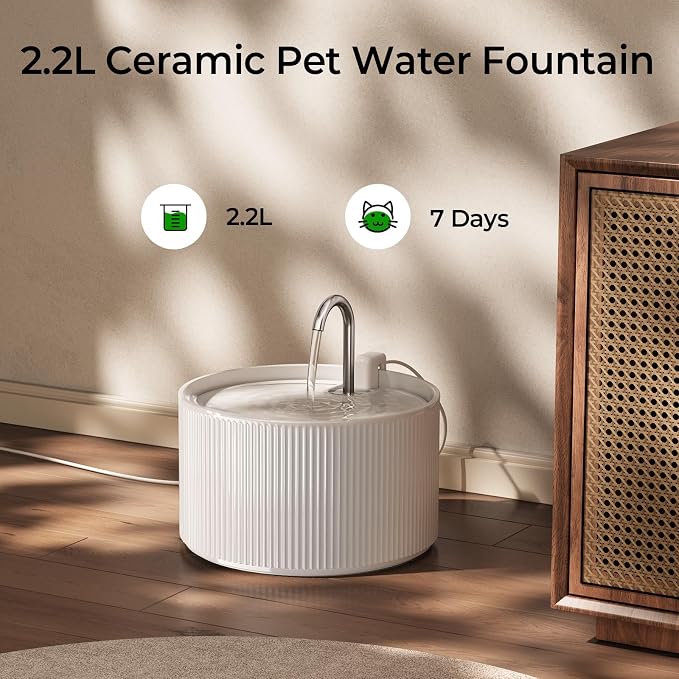 Voluas Ceramic Cat Water Fountain: 2.2L/74oz Cat Fountains for Drinking, Automatic Pet Water Dispenser with Ultra-Quiet Pump and Replacement Filter, Kitty Watering Supplies Indoor Easy Clean 3 Filte