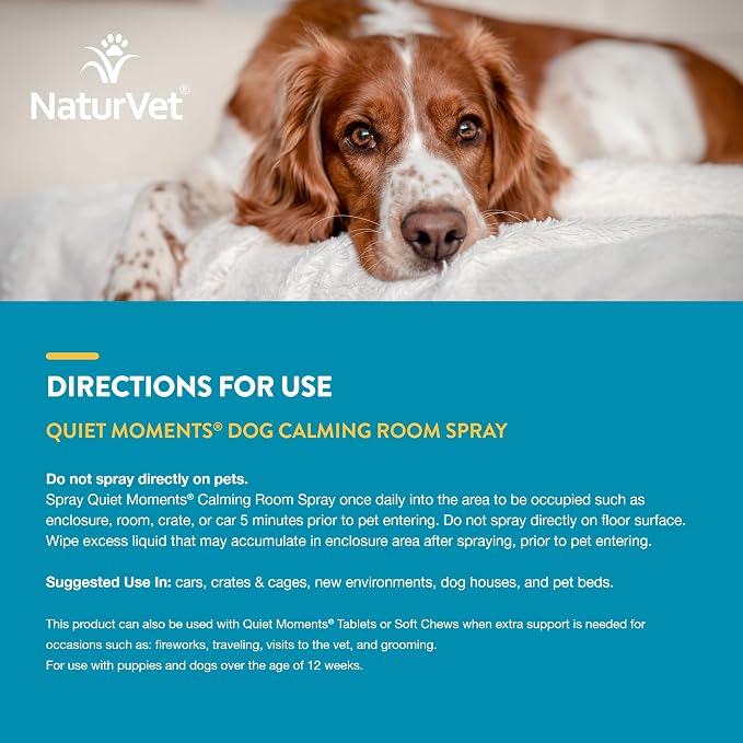 NaturVet Quiet Moments Herbal Calming Room Spray Dog Supplement - Ideal for Cars, Dog Crates, New Environments - Helps Reduce Pet Stress, Storm Anxiety, Motion Sickness - 8 Oz.
