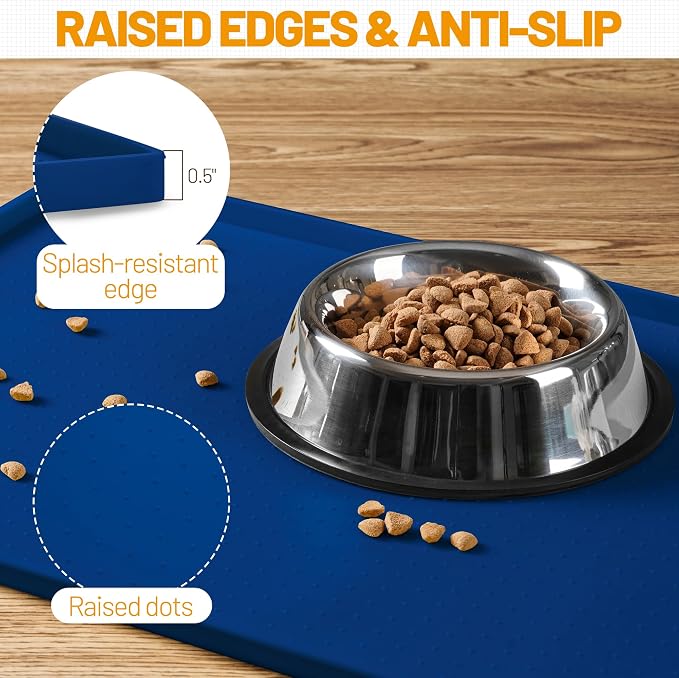 Hubulk Dog Feeding Mat,100% Waterproof BPA Free Silicone Pet Food and Water Bowl Placemat,Dishwasher, High Raised Edge to Prevent Spills,Nonslip Tray to Stop Messes on Floor (24"x16"x0.5", Navy)