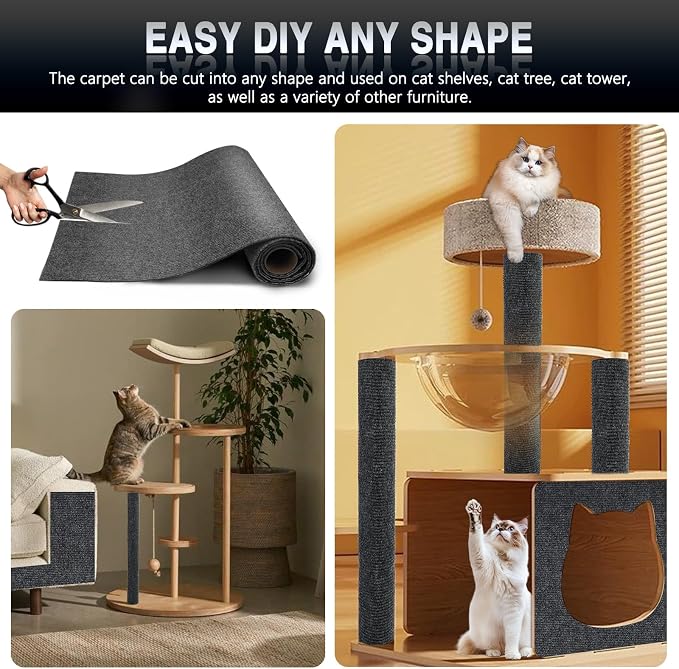 2Pack Total 78.7"x15.8" Cat Scratch Mat for Cat Couch Furniture and Wall Protector | Trimmable Self-Adhesive Carpet Climb Cat Scratcher for Covering Cat Tower and Replacement Pads (Dark Grey)