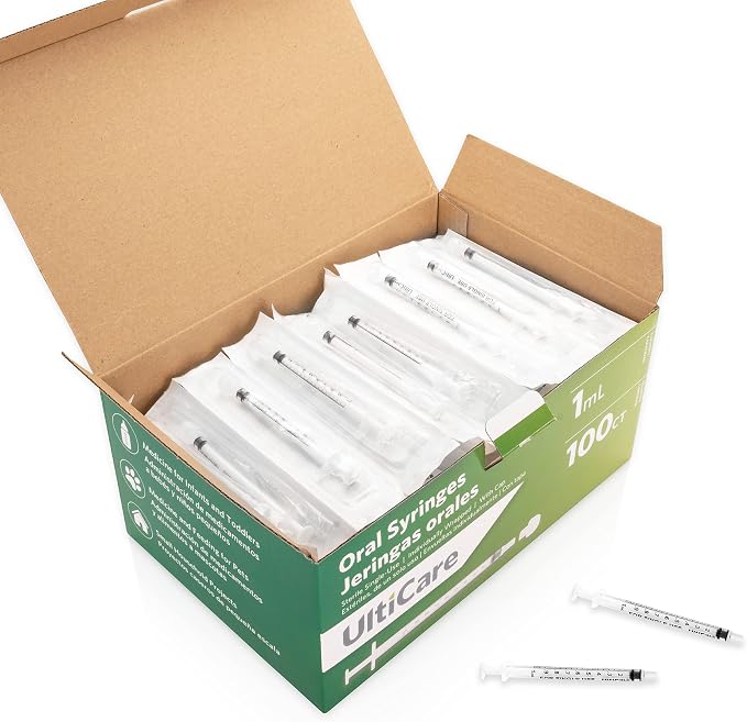 UltiCare 1mL Oral Tip Syringe – Uses Include Oral Administration of Medicine for Infants, Toddlers and Small Pets, and Small HH Projects. with Cap, Sterile Individually Wrapped, 100 Count