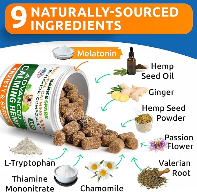 BARK&SPARK Advanced Calming Hemp Treats for Dogs - Hemp Oil + Melatonin - Anxiety Relief - Separation Aid - Stress Relief During Fireworks, Storms, Thunder - Aggressive Behavior, Barking - 180 Chews