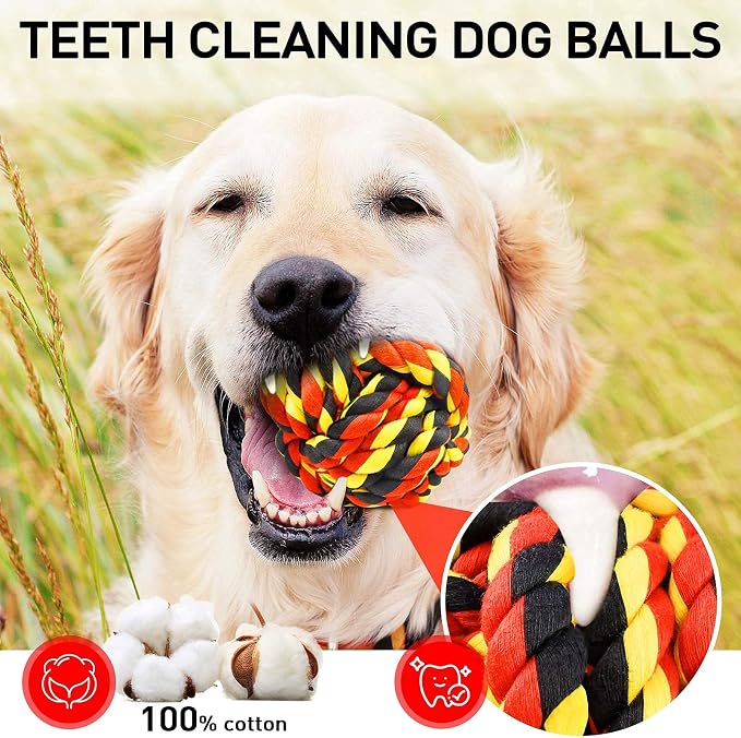 SHARLOVY XL Dog Chew Toys for Aggressive Chewers, Tough Dog Toys for Aggressive Chewers Large Breed, 5 Knots Indestructible Dog Toys,Dog Balls for Large Dogs Set of 15