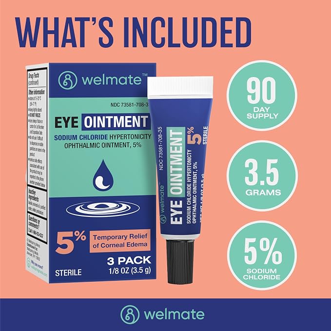 WELMATE Eye Ointment (3 Tubes) - Sodium Chloride Hypertonicity Ophthalmic Ointment 5% - Corneal Edema Relief - Sterile, Non-Greasy - Lanolin & Mineral Oil - 1/8 oz (3.5g) per Tube