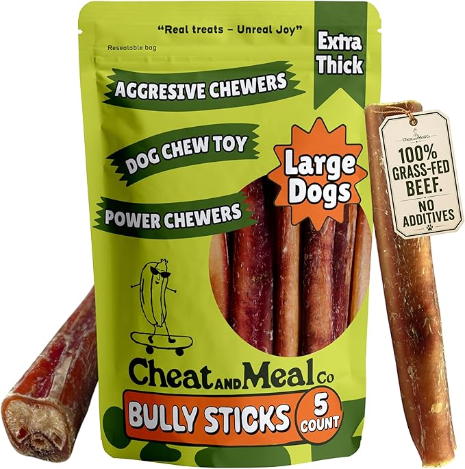 Extra Thick Bully Sticks for Large Dogs & Aggressive Chewers - 6 Inch (5 Count), Long Lasting Dog Chews, 100% Grass-Fed Beef, Single Ingredient, Rawhide-Free, Free Range