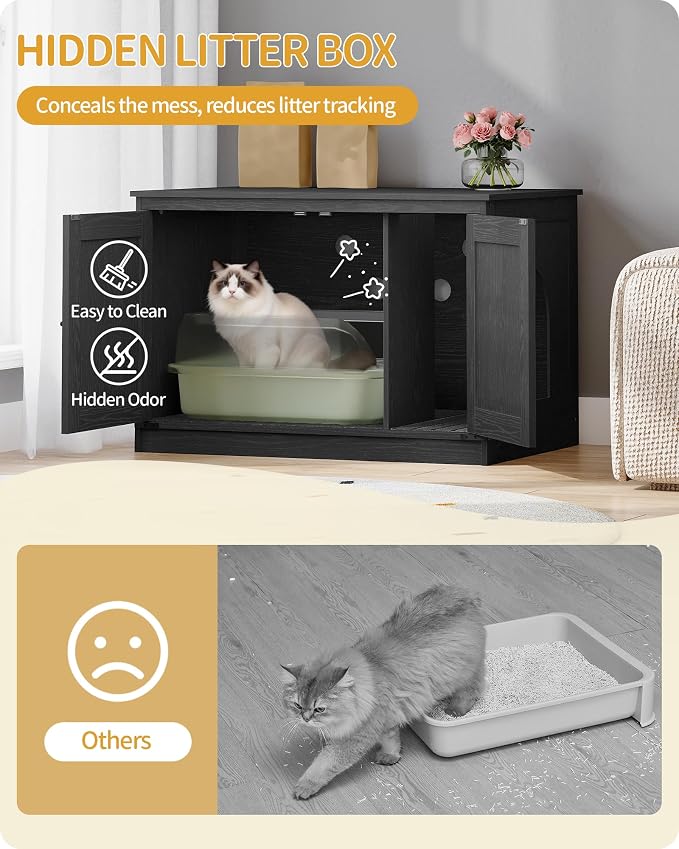 Hzuaneri Cat Litter Box Enclosure with Cushion, Hidden Litter Box Furniture with Removable Dividers, Reversible Entrance Left or Right Side, Cat House, Black CB84604X