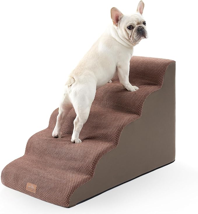 COZY KISS Extra Wide Dog Stairs 19.7" Width, Large Pet Step for Small Medium Dog, Puppy or Cat, Ramp for High Bed or Car, High Density Foam Ladder, Stable, 5 Step, 19.7x33x22.4 inch, Brown