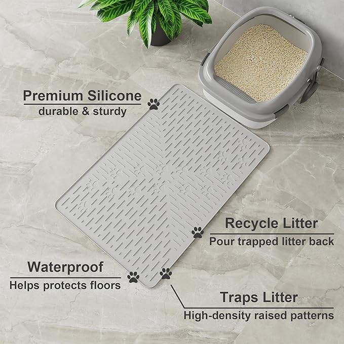 OHMO Cat Litter Mat Trapping Mat Premium Silicone Rubber 23.5x16 Ash Grey, Waterproof and BPA Free Kitty Litter Box Mat, Easy to Clean and Keeps the Floor Tidy
