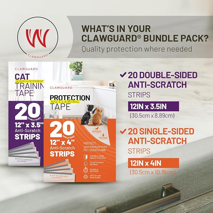 CLAWGUARD Bundle Pack – Cat Deterrent Tape & Dog Protection Tape – 40 Total Pre-Cut Strips (20 Double & 20 Single Sided) – Anti Scratch Furniture Shields