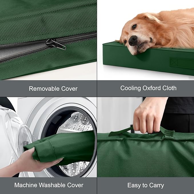 Outdoor All Weather Dog Bed, XXL Waterproof Orthopedic Egg Crate Foam Pet Mat with Removable Washable Oxford Cooling Cover for Large Dogs, 47x29 Inch, Dark Green
