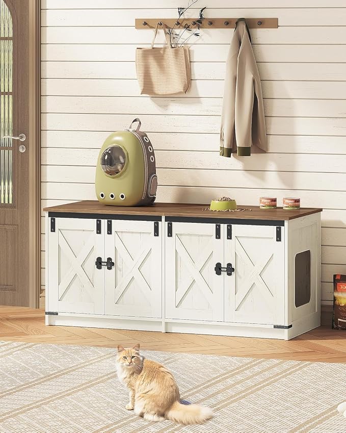 Hzuaneri Cat Litter Box Enclosure for 2 Cats, Hidden Litter Box Furniture Cabinet with Double Room, Indoor Cat House, Farmhouse Style, 46.7 x 18.9 x 21.1 Inches, Rustic Brown and White CB85314X