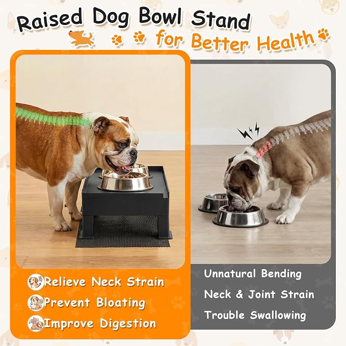 Adjustable Raised Dog Bowl Stand and 100% Waterproof & Non-Slip Mat, Elevated Dog Bowls Stand for Small Medium Sized, Easy-Clean Silicone Pet Food Mat- Neck Strain Relief & Protect Your Floors