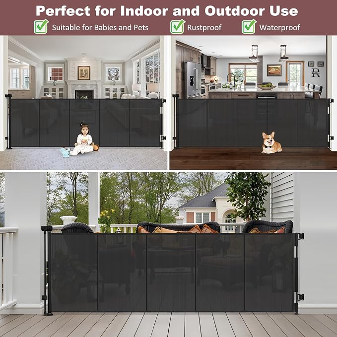 Reinforced 41" Extra Tall Retractable Baby Gates Extra Wide 100" Retractable Dog Gate with Support Rods, Indoor Extra Long Baby Gates for Large Openings Outdoor Retractable Gate Tall Dog Gate, Black