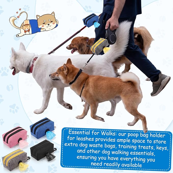 Aliceset 4 Pcs Dog Poop Bag Holder for Leashes Fabric Dog Poop Bag Dispenser and Treat Holder with 8 Rolls Pet Waste Pouches(Brown and Yellow, Black, Pink, Blue,Double Zipper)