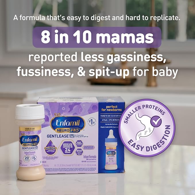 Enfamil NeuroPro Gentlease Ready-to-Feed with Smaller Proteins for Easy Digestion,Brain Supporting DHA, HuMO6* Blend, Baby Formula for easing Fussiness, Gas, Spit-up in 24hrs, 2 Fl Oz (6 ct), 4 Pack