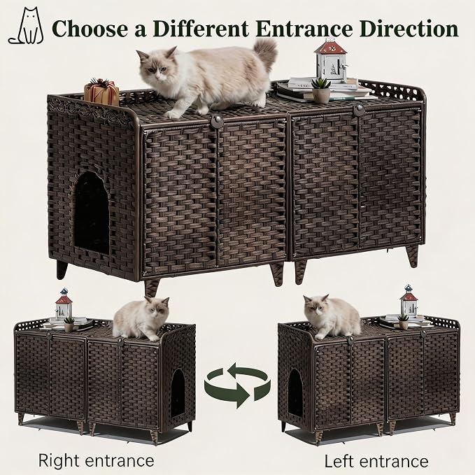 GAOMON Cat Litter Box Enclosure Furniture, Handwoven Rattan Cat Houses, Hidden Cat Washroom Furniture with Door/Mat, Large Space Cat Houses with S-Shaped Hooks, Living Room, Bedroom, Brown