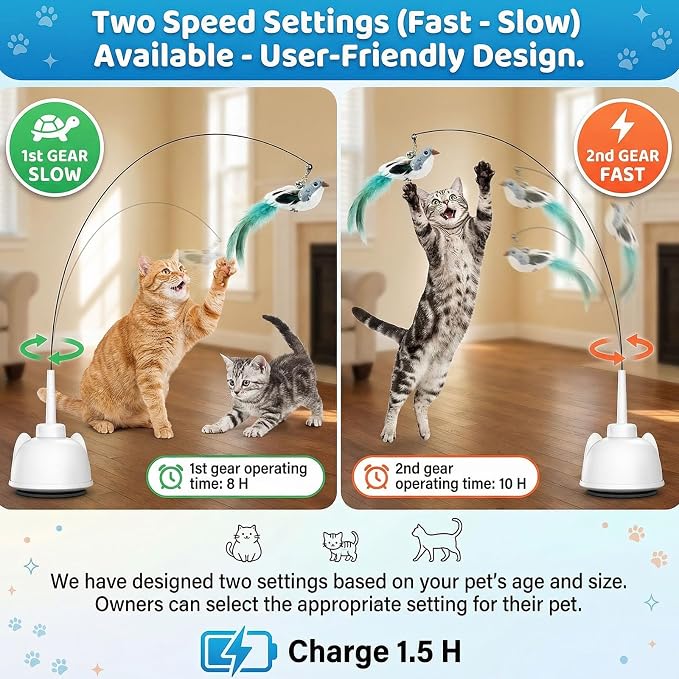2 In 1 Electric Cat Wand Toy Interactive Cat Toys for Indoor Cats 360° Cat Toys for Bored Indoor Adult Cats, 2-Speed Fly Cat Chase Toy Automatic Cats Toys with Suction Cup Electric Cat Teaser Wand