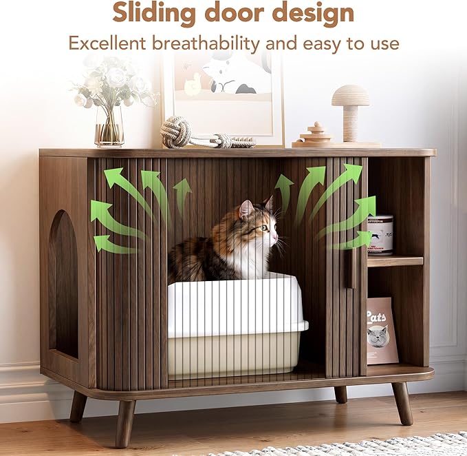 35.4" Cat Litter Box Enclosure with Sliding Door – Wooden Hidden Litter Box Furniture with 2-Layer Shelves, Side End Table for Living Room, Brown