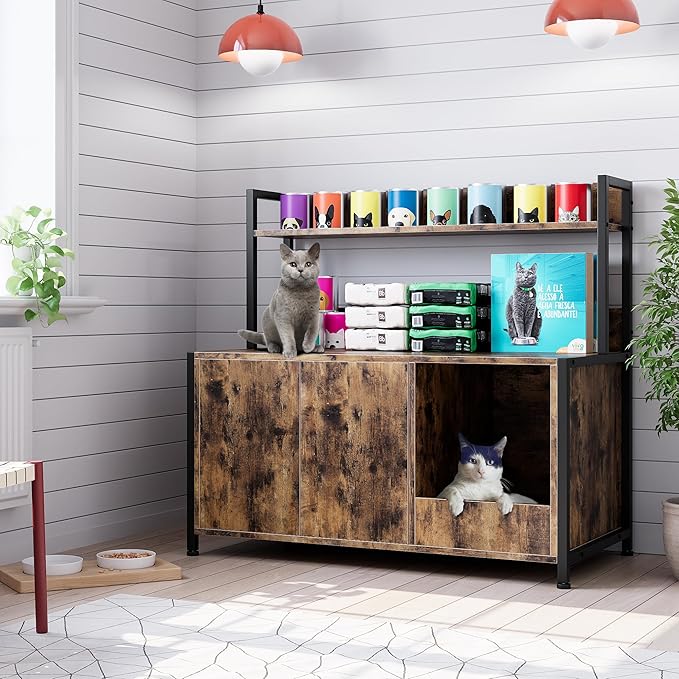 GAOMON Litter Box Enclosure with Shelves, Large Hidden Litter Box with Doors, Indoor Tall Litter Box Furniture, Cat Wooden Washroom Furniture with Scratching Pad, Pet Storage Cabinet, Rustic Brown