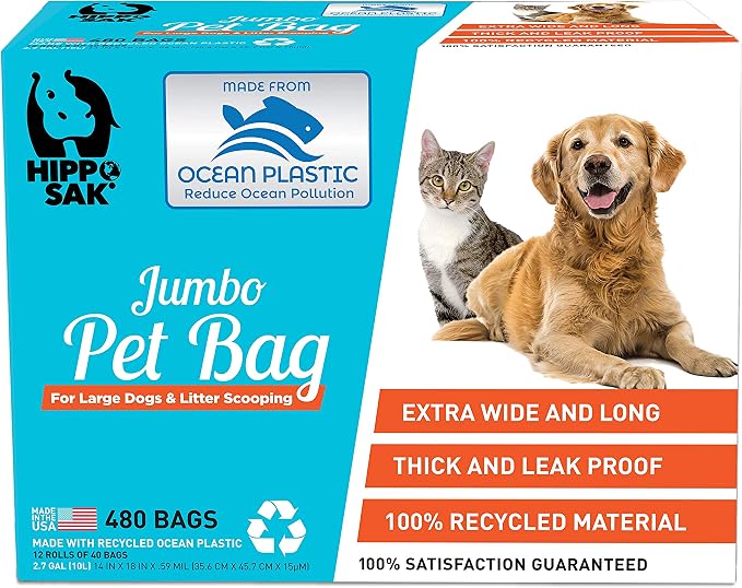 Hippo Sak® Extra Large Pet Poop Bags with Dispenser, Made with Ocean Bound Plastic, 480 Count