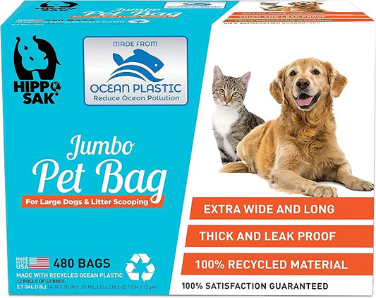 Hippo Sak® Extra Large Pet Poop Bags with Dispenser, Made with Ocean Bound Plastic, 480 Count