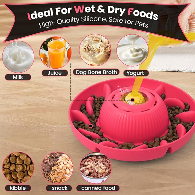 PUPPYGANG 2-in-1 Slow Feeder Dog Bowl for Large Dogs — Silicone Dry Food Maze & Wet Food Lick Ball with Suction Cup, Interactive Puzzle Feeder, Non-Slip & Detachable, Easy to Clean (Red)