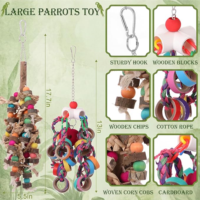 Soulchen 6 Pcs Extra Large Bird Parrot Toy Set Natural Wooden Chewing Toy, Rattan Ball, Wood Nut Loofah String (Bagged) for Large Macaws, African Grey, Amazon Parrots (Natural Wood)