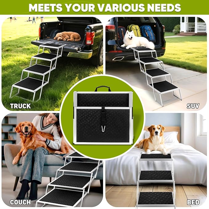 Dog Stairs for Car,Extra Wide Dog Stairs for Large Dogs,Foldable Dog Ramp for Car, Pet Steps Light Weight Aluminum,High Beds,for SUV Trucks, Supports up to 200 lbs (for The Trunk of The Car Only)