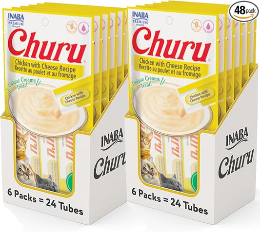 INABA Churu Cat Treats, Grain-Free, Lickable, Squeezable Creamy Purée Cat Treat/Topper with Vitamin E & Taurine, 0.5 Ounces Each Tube, 48 Tubes (4 per Pack), Chicken with Cheese Recipe