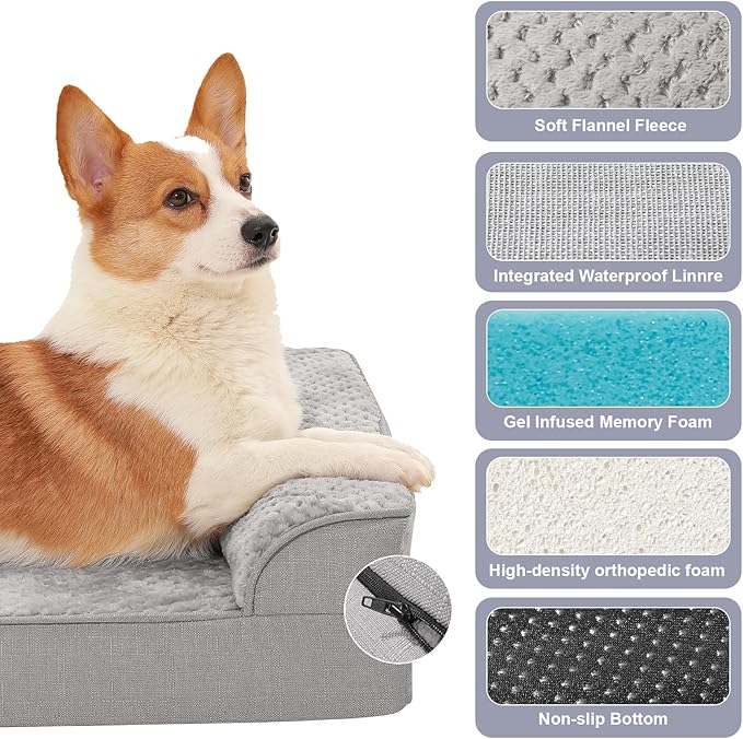 Rainmr Orthopedic Dog Bed Medium Size Dog, Memory Foam Dogs Bed for Medium Dogs, Washable Removable Cover, Nonskid Bottom, Waterproof, for Indoor, Outdoor, Crate ＆ Car Use, 35x23x6 Inches, Light Grey