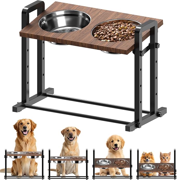 CZPET Elevated Dog Bowls Tilted Platform (0°, 7.5°, 15°), Height Adjustable Dog Bowl Stand, Stable&Sturdy Metal Raised Dog Feeding Station, 2L Large Stainless Steel Bowls for Large Medium Small Dogs